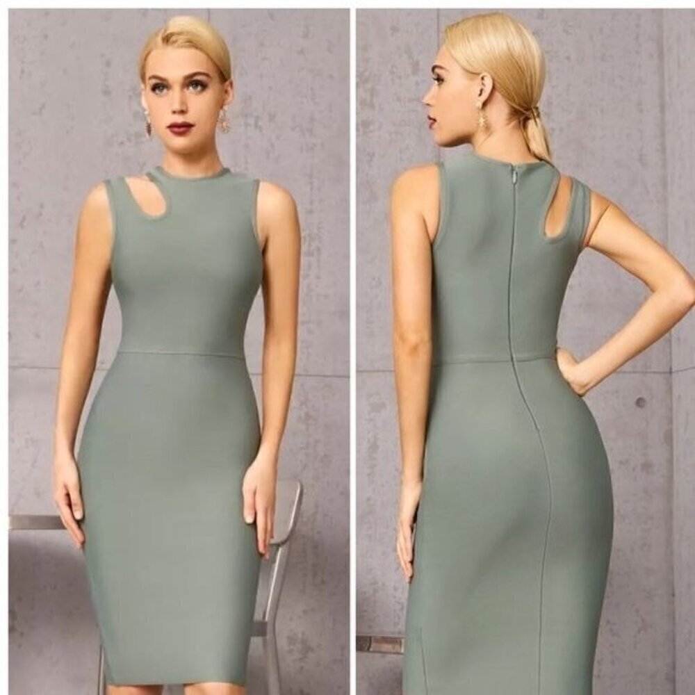 Sage Green Cutout Bandage Bodycon Knee Length Cocktail Dress Sleeveless Size M